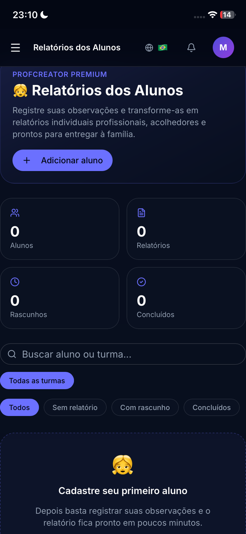Tela real do app no celular: Relatórios