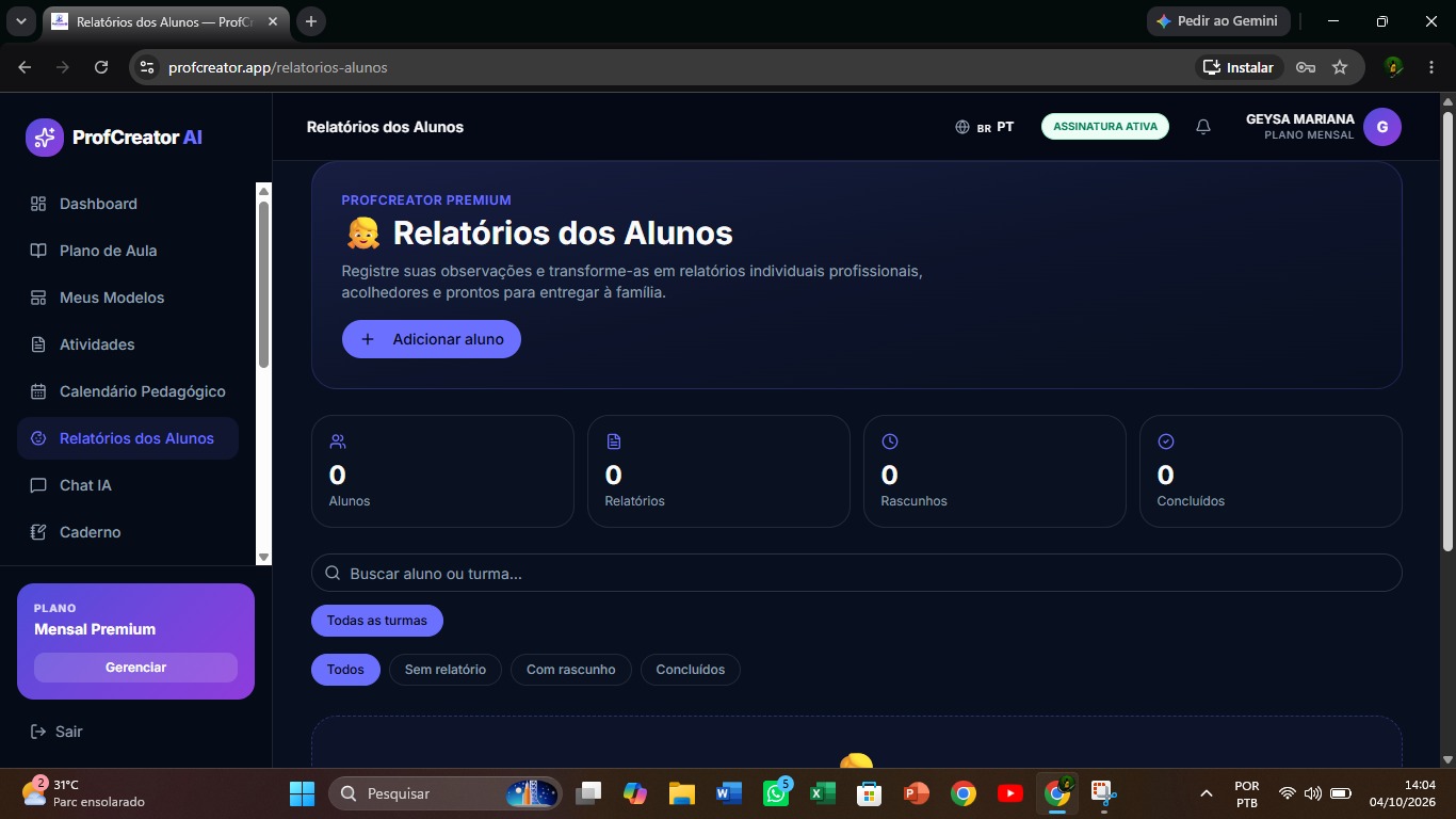 Tela real: Relatórios dos alunos