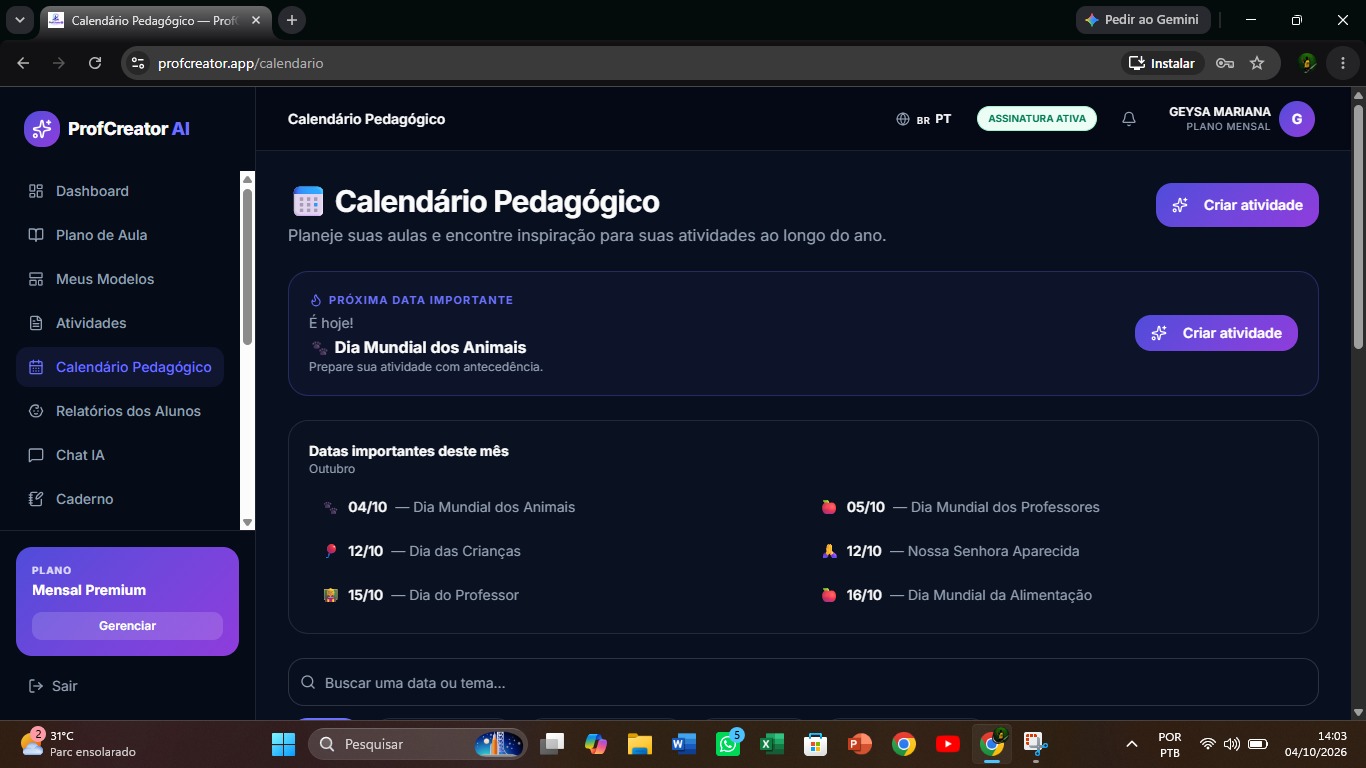 Tela real: Calendário pedagógico