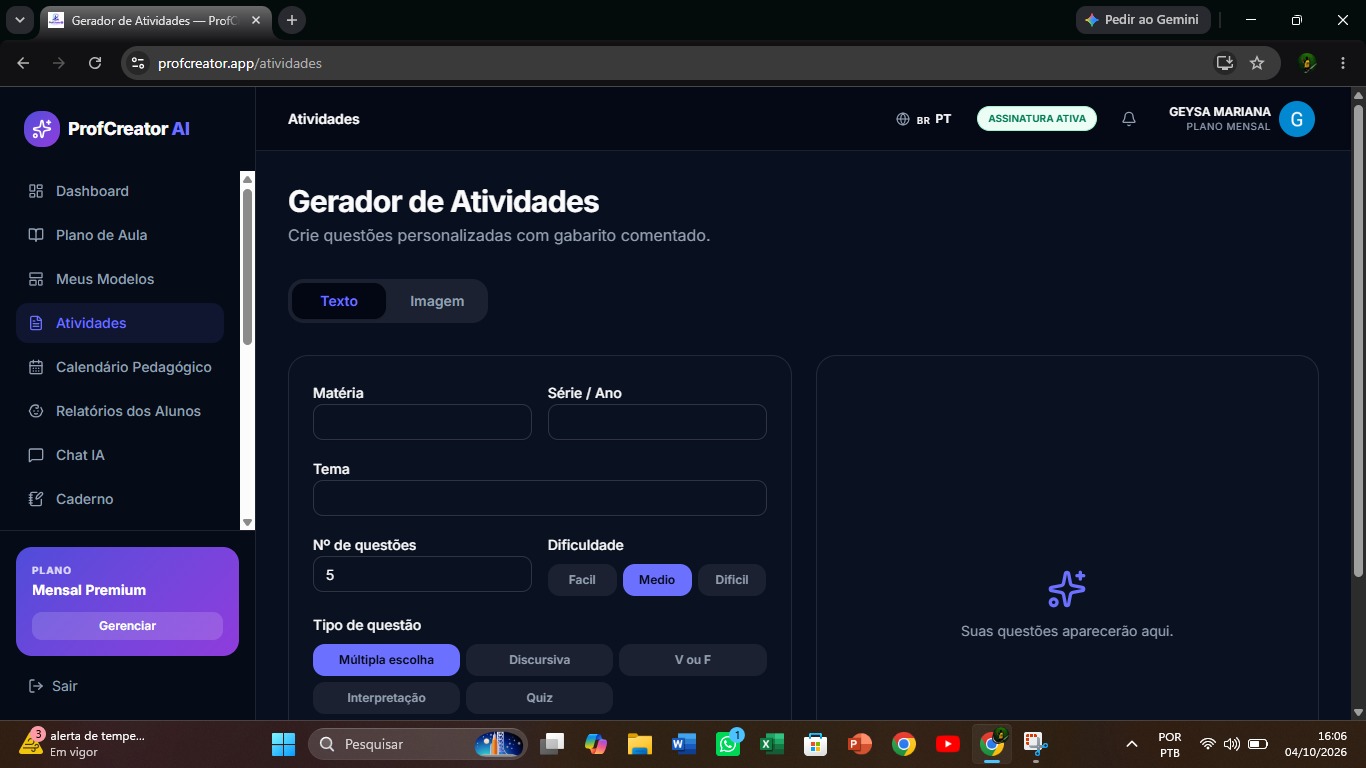 Tela real: Criador de atividades